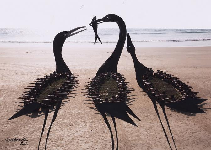 Three little birds with a fish